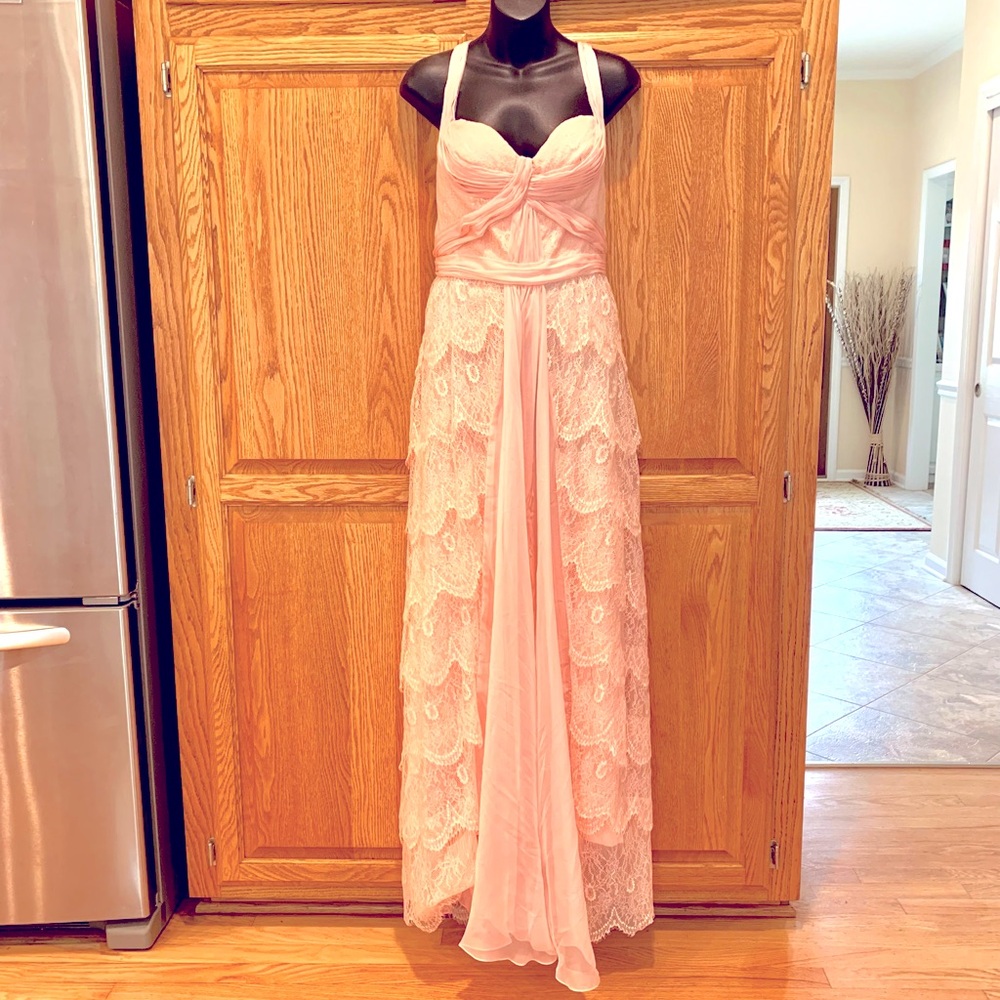 Mignon “Bridgerton” style Blush layered Lace formal Dress, size 10